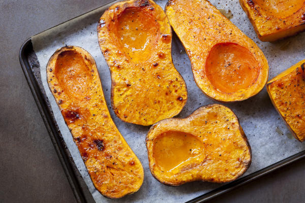 Roasted Maple Butternut Squash in a baking tray